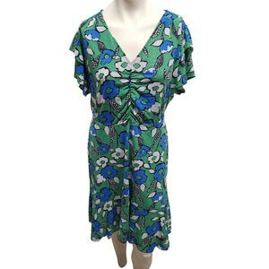 Cabi Green Blue Floral Midi Dress Women’s Large V-Neck Ruched Stretch